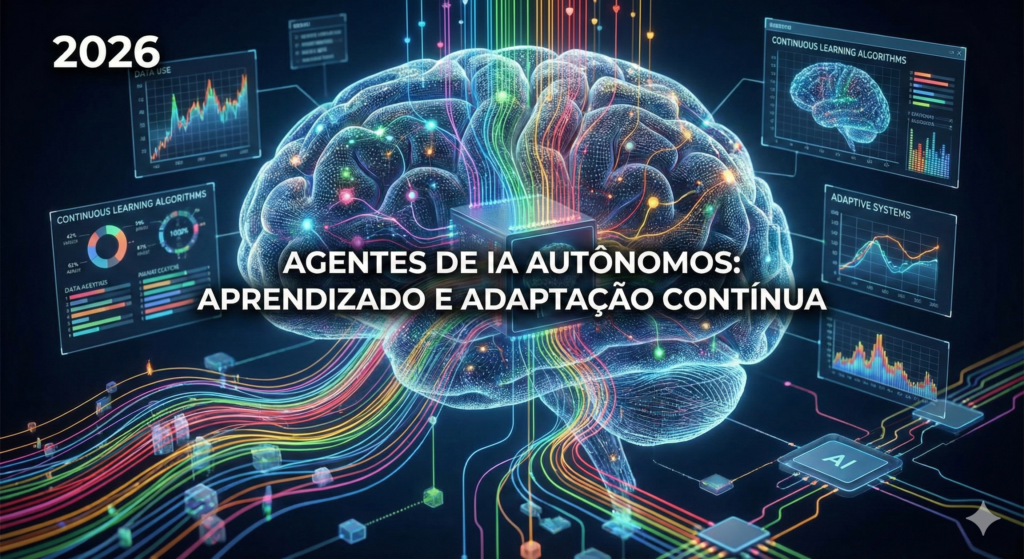 Visualização de dados científicos de um cérebro digital interconectado com fluxos de dados coloridos, apresentando o texto "AGENTES DE IA AUTÔNOMOS: APRENDIZADO E ADAPTAÇÃO CONTÍNUA" e "2026".