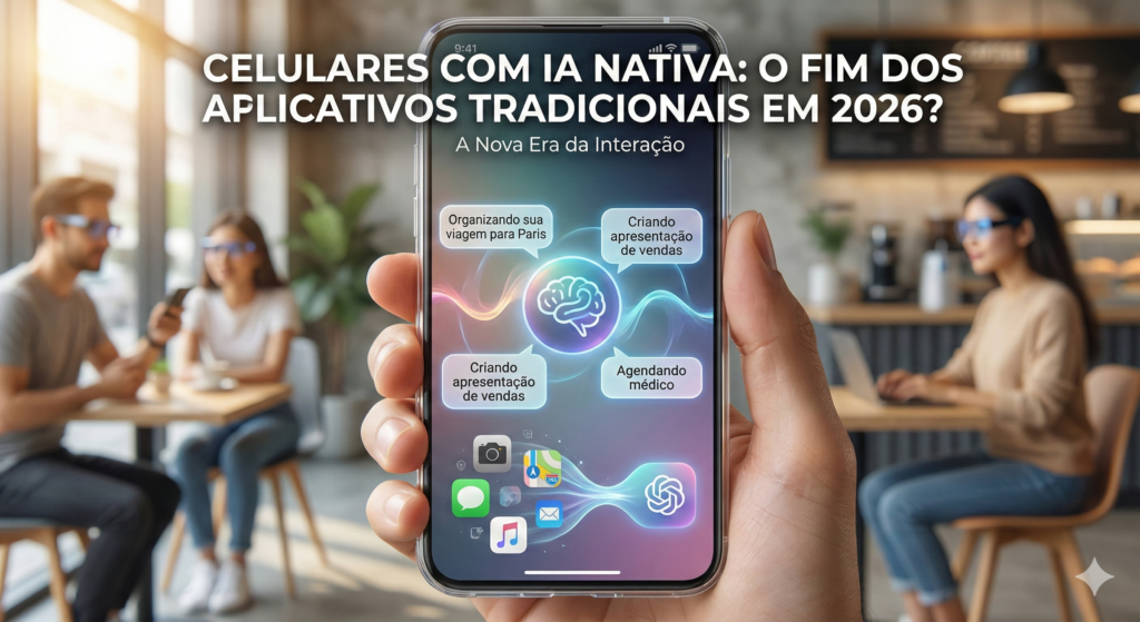 Pessoas segurando celulares com IA Nativa em um cenário futurista onde uma interface de IA central substitui ícones de aplicativos tradicionais, com o título "CELULARES COM IA NATIVA: O FIM DOS APLICATIVOS TRADICIONAIS EM 2026?" na tela.
