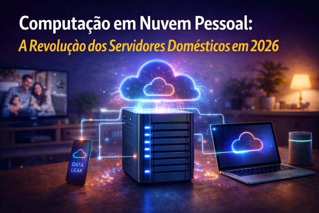 Servidor doméstico moderno conectado a múltiplos dispositivos em ambiente residencial, representando a evolução da computação em nuvem pessoal e armazenamento privado em 2026.