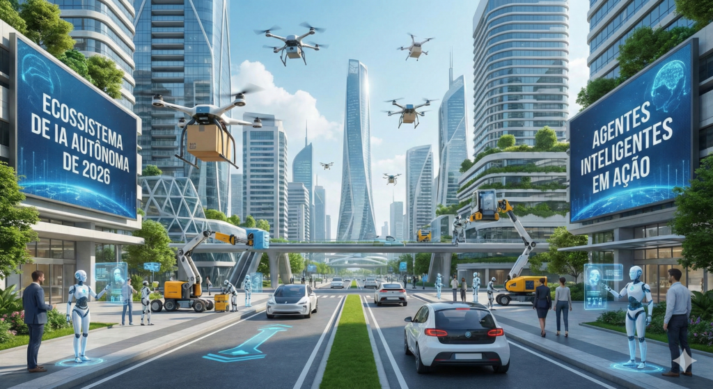 Cidade futurista com drones, veículos, agentes de IA autônomos e robôs trabalhando juntos, com painéis digitais exibindo "ECOSSISTEMA DE IA AUTÔNOMA DE 2026" e "AGENTES INTELIGENTES EM AÇÃO".