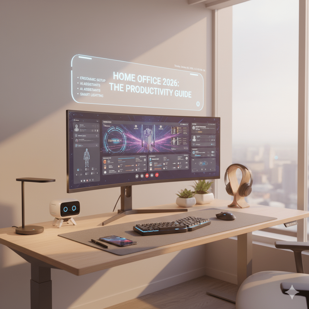 home office produtivo em 2026 com ambiente moderno e organizado para trabalho remoto