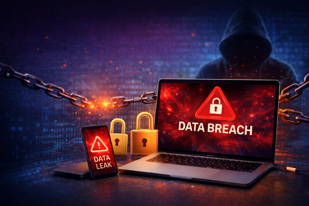 Ilustração de segurança digital mostrando laptop e smartphone com alerta de invasão, cadeados e figura anônima ao fundo, representando o aumento de vazamentos de dados em 2026.