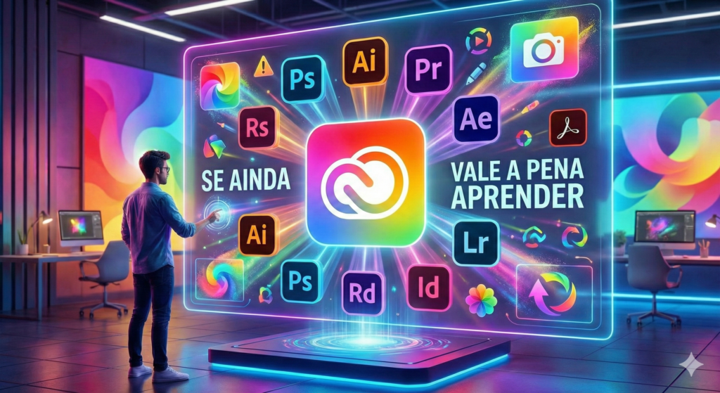 Exibição holográfica colorida com ícones de aplicativos da Adobe e a frase "Se Ainda Vale a Pena Aprender".