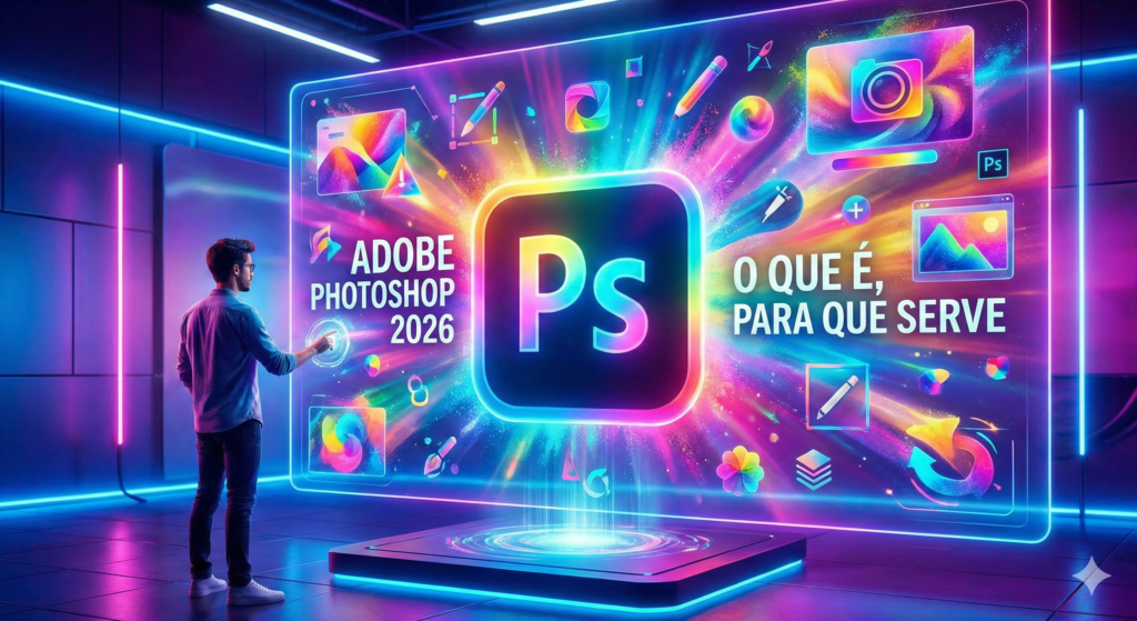Interface holográfica brilhante com o logotipo do Adobe Photoshop e o texto "O Que É, Para Que Serve" em destaque.