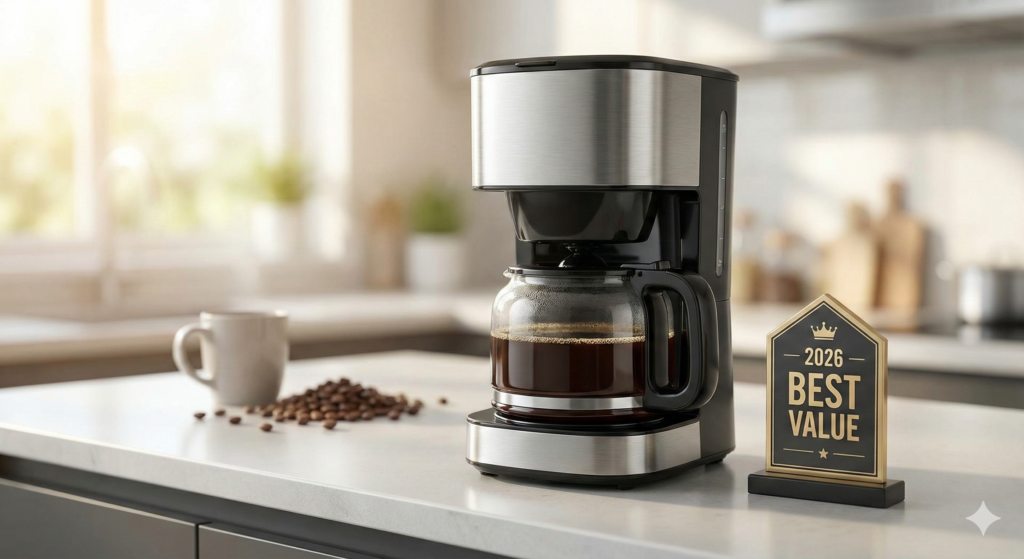 Melhor Cafeteira de filtro em aço inoxidável na bancada da cozinha, ao lado de um pequeno troféu dourado escrito "2026 BEST VALUE".