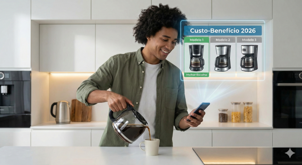 Homem sorrindo ao servir café, vendo um gráfico holográfico do celular que compara três modelos de cafeteira e destaca a "Melhor Escolha" em 2026.