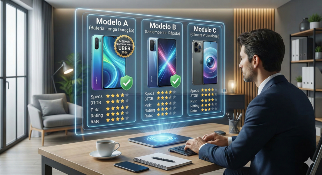 Profissional em um escritório analisando uma projeção holográfica que compara três modelos de smartphone, destacando o "Modelo A" como a melhor escolha para Uber em 2026.