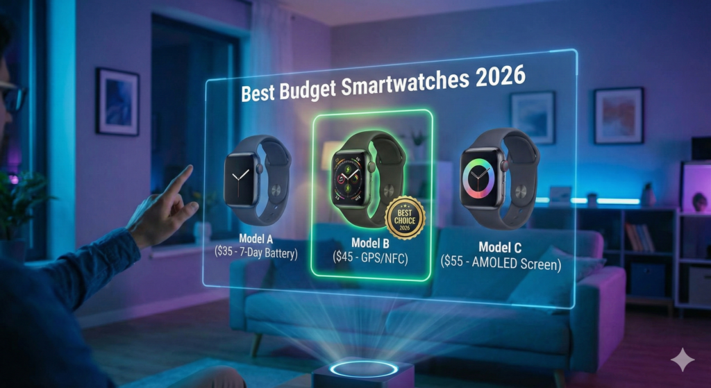 Pessoa interagindo com um painel holográfico que compara três modelos de smartwatches baratos em 2026, destacando o "Model B" como "BEST CHOICE".