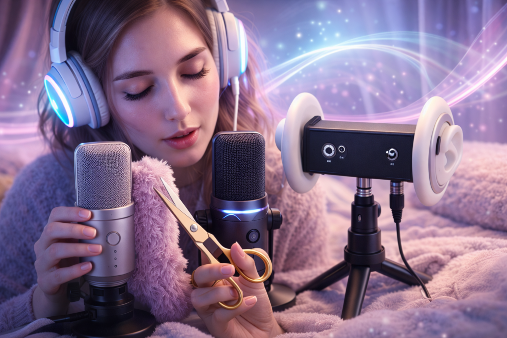 Mulher realizando ASMR com fones de ouvido enquanto grava sons de corte com tesoura dourada em microfones condensadores e microfone binaural 3D, em ambiente iluminado com tons suaves azul e lilás, ideal para gravações imersivas e sons de texturas em 2026.