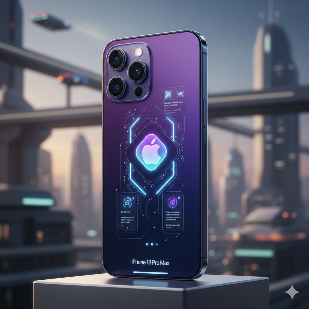 Vista da parte traseira de um smartphone roxo metálico com um sistema de três câmeras robusto. O centro do aparelho apresenta o logotipo da Apple iluminado dentro de um circuito eletrônico brilhante em azul e lilás. O dispositivo está posicionado sobre um pedestal, com uma metrópole futurista e veículos voadores ao fundo.