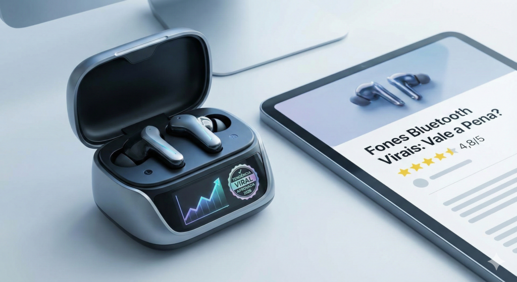 Estojo de fones de ouvido Bluetooth 2026 modernos com uma tela digital mostrando um gráfico de "TENDÊNCIA VIRAL APROVADA 2026", ao lado de um tablet com uma análise do produto e avaliação de 4.8/5 estrelas.