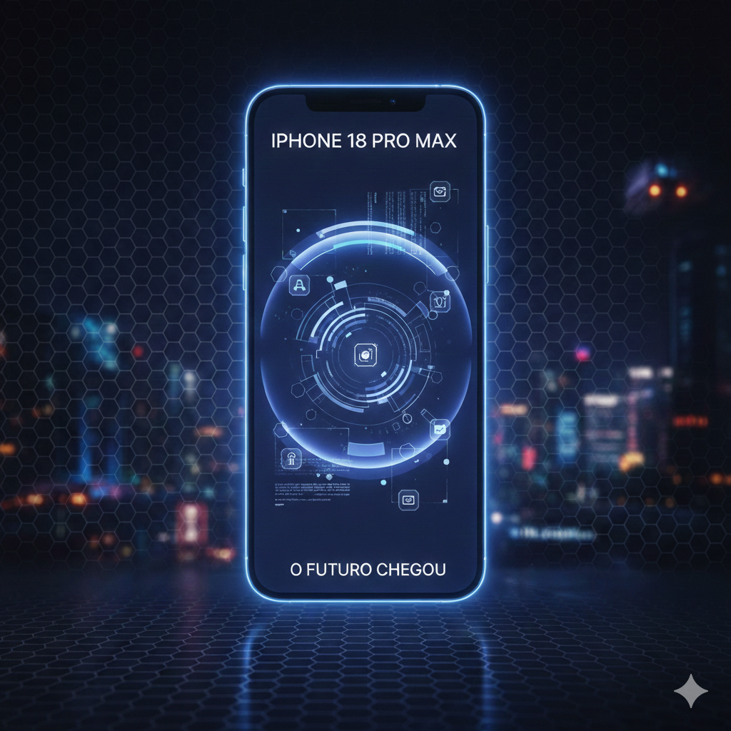 Uma visão frontal de um smartphone com bordas iluminadas em azul neon. A tela exibe uma interface holográfica circular complexa com engrenagens digitais e ícones flutuantes. No topo, lê-se "IPHONE 18 PRO MAX" e, na base, a frase "O FUTURO CHEGOU". O fundo mostra uma cidade futurista desfocada sob uma rede hexagonal.