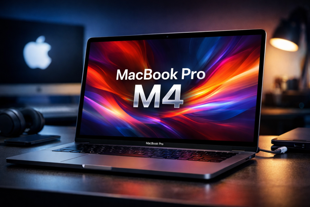 MacBook Pro com chip M4 exibido em mesa de escritório moderno, com tela vibrante e iluminação premium, representando desempenho avançado e tecnologia de ponta em 2026.
