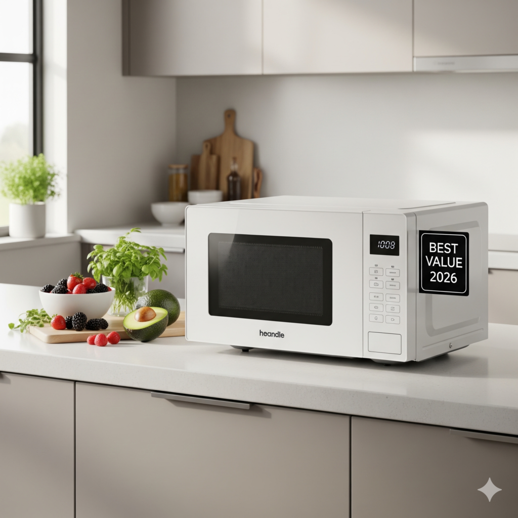 Micro-ondas barato branco moderno e compacto em cozinha iluminada com selo digital "BEST VALUE 2026".