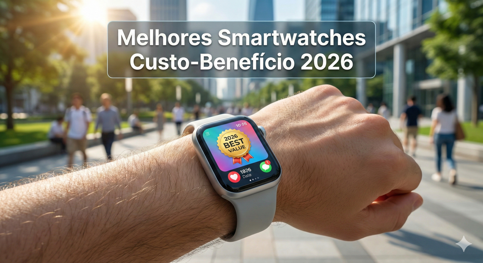 Pulso usando smartwatch custo benefício com tela exibindo o selo "2026 BEST VALUE" e o título "Melhores Smartwatch Custo Benefício 2026" sobreposto na imagem em um ambiente externo ensolarado.
