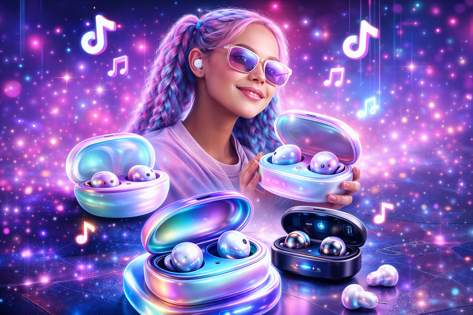 Mulher jovem com cabelo colorido em tons rosa e azul usando fones de ouvido Bluetooth futuristas, segurando cases com design iridescente e iluminação neon, em fundo vibrante com estética digital inspirada nas tendências virais do TikTok 2026.