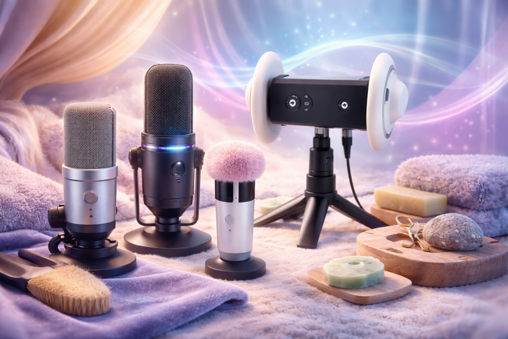 Microfones profissionais para ASMR posicionados sobre superfícies macias com texturas como veludo, madeira e espuma, em ambiente futurista com iluminação suave azul e lilás, incluindo modelo binaural 3D e microfones condensadores ideais para sons de cortes, texturas e gravações imersivas em 2026.