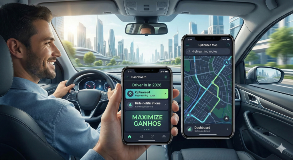 Motorista sorridente em 2026 dentro do carro, visualizando dois smartphones (celular para uber) com painéis de aplicativos focados em "Maximizar Ganhos" e rotas de alto rendimento.