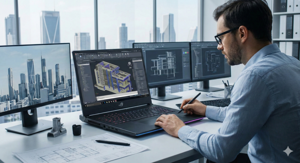 Engenheiro utilizando um notebook para engenharia em escritório usando um notebook gamer potente para modelagem CAD 3D, auxiliado por dois monitores externos.