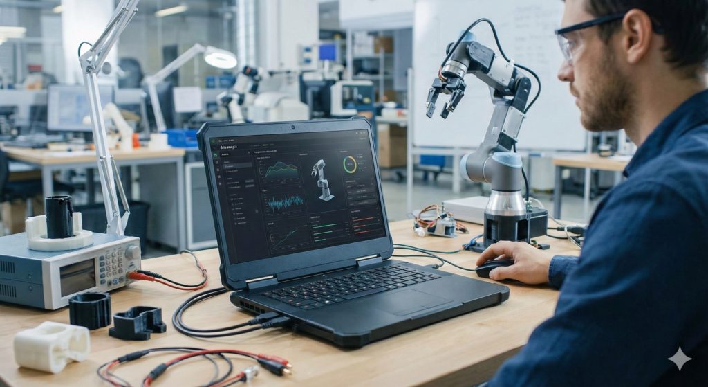 Engenheiro em laboratório industrial operando um braço robótico através de um notebook robusto conectado a equipamentos de teste.