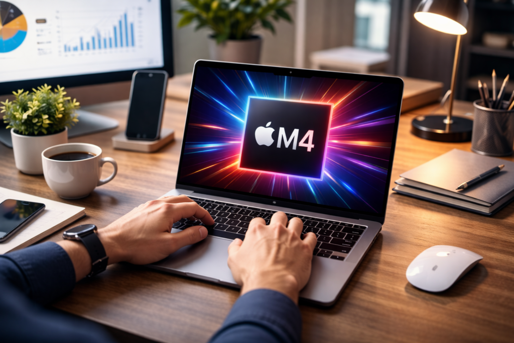 Profissional digitando em um MacBook Pro com chip M4 em ambiente de escritório moderno, com gráficos de desempenho e ferramentas de análise ao fundo.