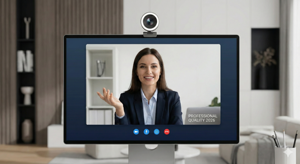 Monitor exibindo uma videochamada de alta qualidade com uma mulher sorrindo e o texto "PROFESSIONAL QUALITY 2026" na tela, com a webcam no topo.