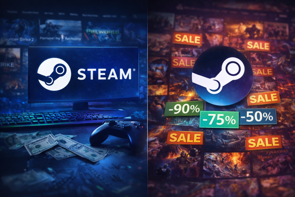 Steam em 2026 com promoções de preços de até 90% de descontos em jogos na prataforma
