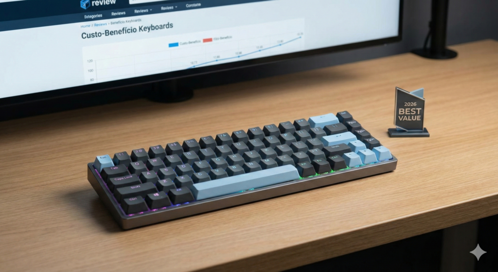 Teclado mecânico compacto com keycaps cinza e azul sobre mesa de madeira, ao lado de um pequeno prêmio "2026 BEST VALUE".