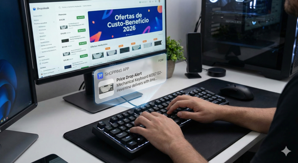 Pessoa digitando em um teclado mecânico barato full-size, com uma notificação holográfica de "Price Drop Alert" e um site de "Ofertas de Custo-Benefício 2026" no monitor.