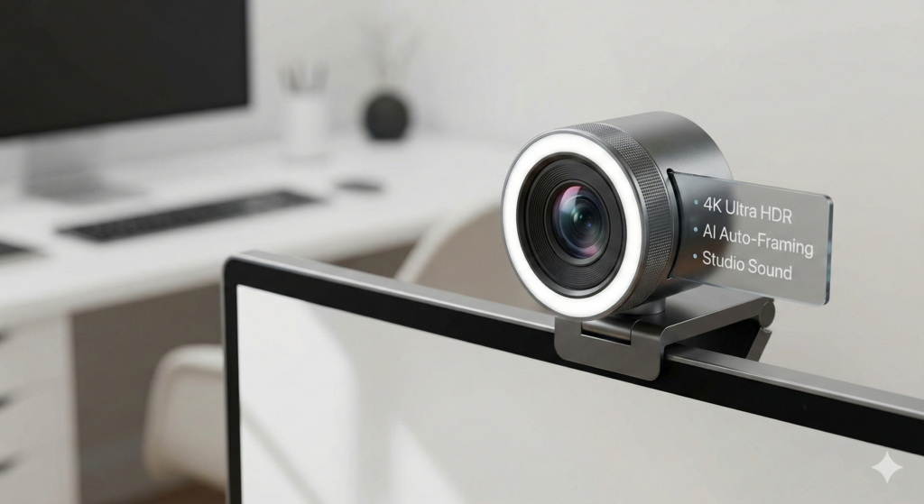 Melhor Webcam profissional moderna com anel de luz integrado e especificações "4K Ultra HDR, AI Auto-Framing, Studio Sound" exibidas em um painel digital.