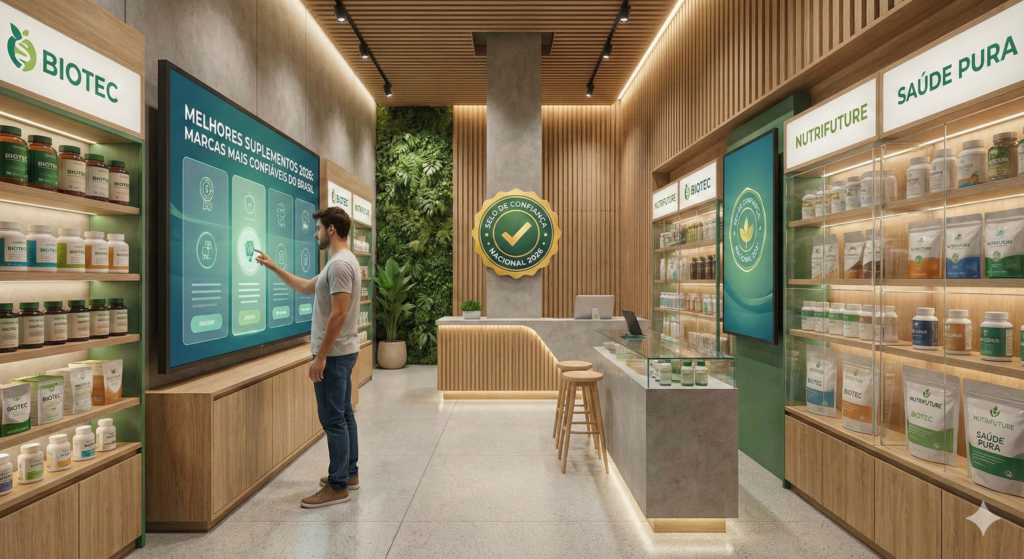 Loja de suplementos moderna com cliente interagindo em tela touch sobre as melhores marcas brasileiras de 2026.