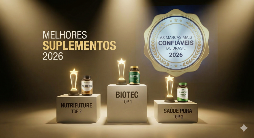 Pódio com as três marcas dos melhores suplementos de 2026: Biotec, Nutrifuture e Saúde Pura, com um selo de confiança projetado.