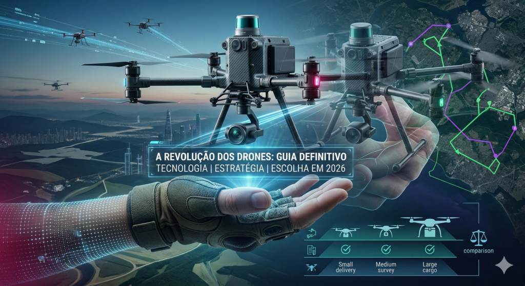 Uma imagem conceitual e futurista de alta qualidade serve como capa de blog sobre drones. O plano de fundo é uma paisagem urbana e de campo ao anoitecer, vista de cima, com trilhas de luz indicando rotas de tráfego aéreo de drones.