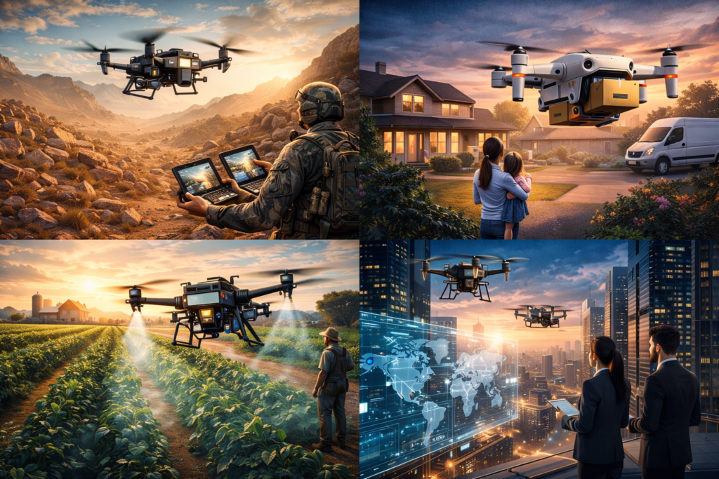 Ilustração digital mostrando quatro cenários distintos do uso de drones, incluindo operações militares em um deserto, entregas de pacotes em uma cidade suburbana, pulverização de lavouras e drones operando em uma metrópole futurista.