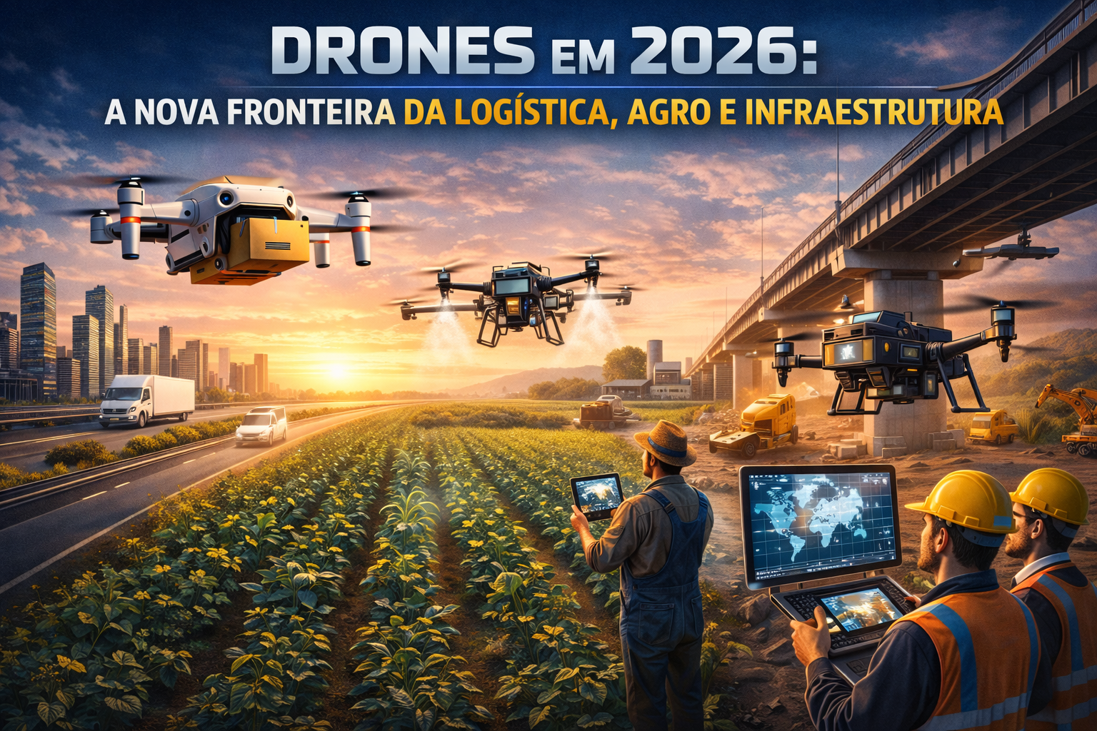 Ilustração digital mostrando três drones em ação em diferentes cenários: um drone de entrega sobre uma rodovia, um drone agrícola pulverizando lavouras, e um drone de inspeção monitorando uma ponte, com dados em tempo real exibidos em um tablet e elementos holográficos tecnológicos.