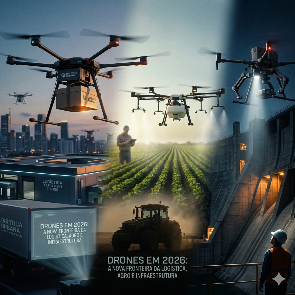 Esta imagem composta ilustra as diversas aplicações comerciais de drones de última geração, integrando cenas de três indústrias fundamentais em 2026. A imagem é unificada pela frase "DRONES EM 2026: A NOVA FRONTEIRA DA LOGÍSTICA, AGRO E INFRAESTRUTURA"