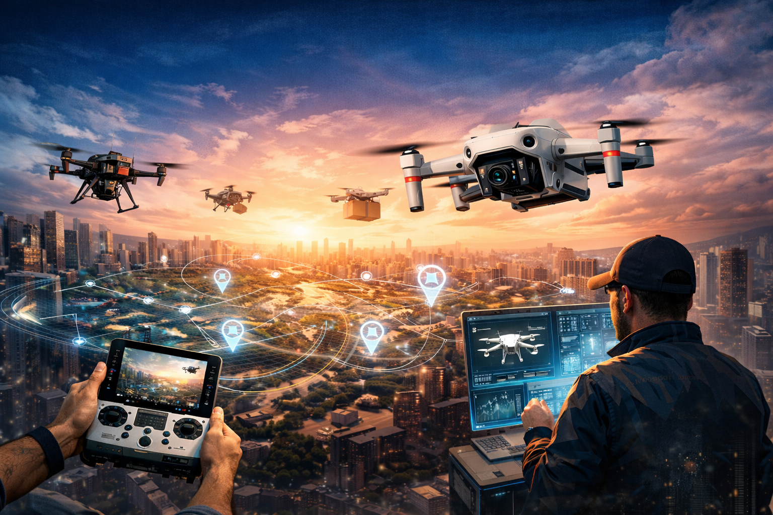 Ilustração digital mostrando drones em uma cidade futurista ao pôr do sol, com um operador controlando um drone e outros drones voando entre edifícios, conectados por marcadores digitais de localização.